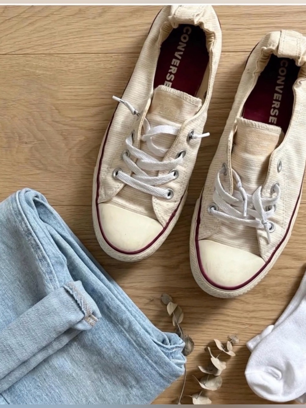 Converse Women’s Low-Top Canvas Sneakers in Cream with Maroon Trim